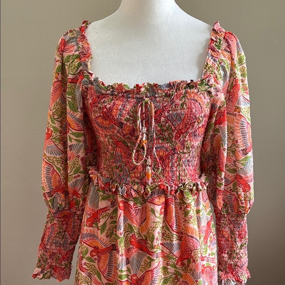 Farm Rio Macaw Flight Tiered Printed Cotton Smocked Floral Midi Dress Size M - Picture 4 of 17